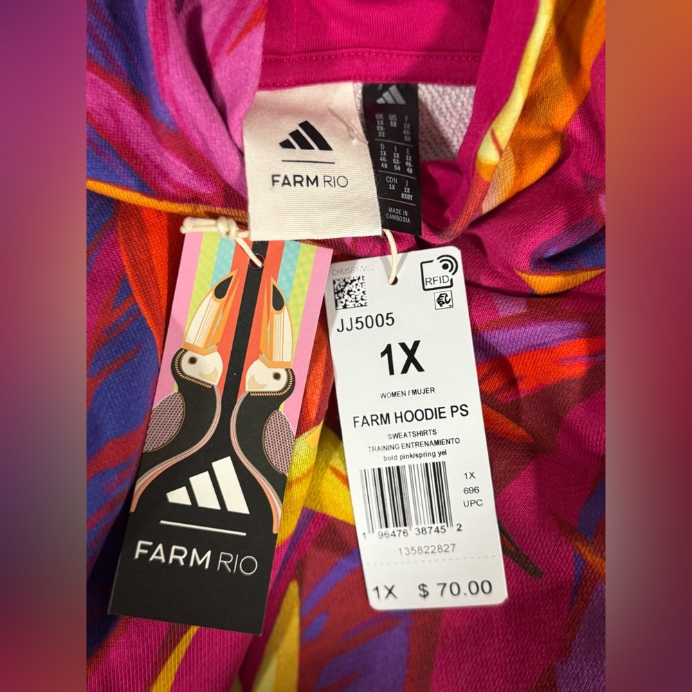 Adidas x Farm Rio Wmns Crop Top Hoodie Bold Pink/Spring Yellow Sz: Various ~ NWT - Picture 6 of 12